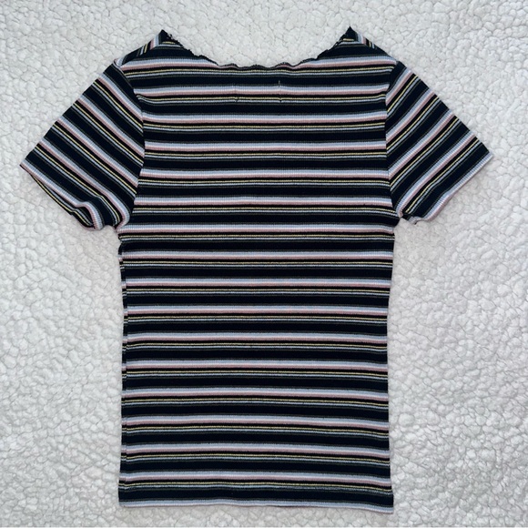 HOLLISTER baby tee stretchy v neck short sleeve navy stripes ruched bust line XS - Picture 3 of 5
